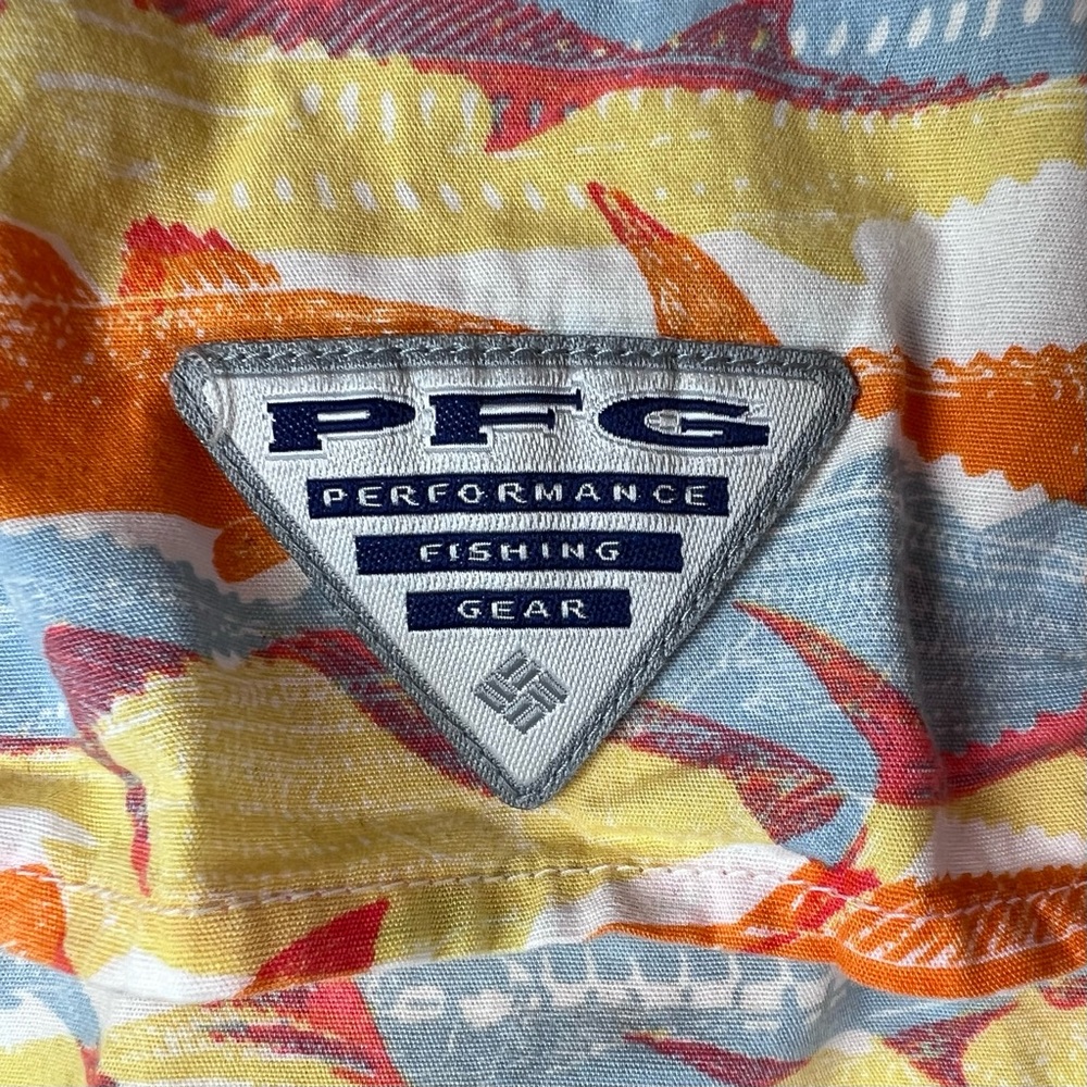 Columbia PFG XL Orange Blue Fish Print Mesh Button Up Short Sleeve Shirt - Picture 6 of 9